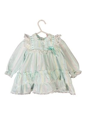 Vintage Pastel Striped Little Girl's Toddler Dress Ruffle Cottagecore Green 18mo